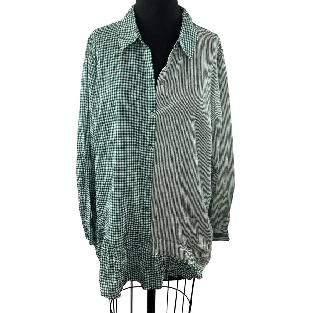 LOGO by Lori Goldstein Green White Gingham Stripe Ruffle Hem Button-Down Shirt L